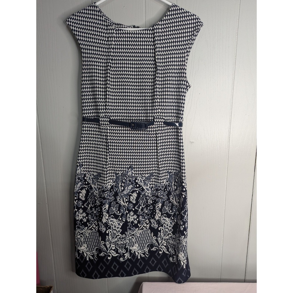 I Le New York Blue White Dress with belt size 10 casual work business
